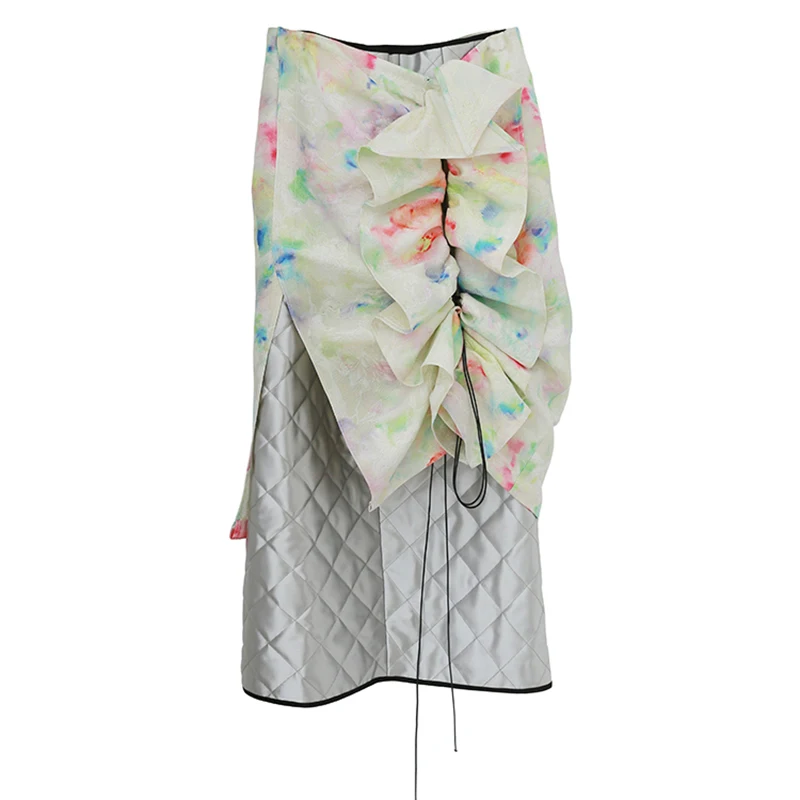 

Elastic Waist High Gold Cotton Liner Ruffles Bandage Half-body Skirt Women Fashion Tide New Spring Autumn 2021 1DD2174