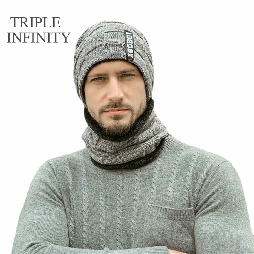 Трикотажная Мужская зимняя шапка с флисовой подкладкой и защитой от