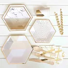 Фотофон с изображением золотых День рождения одноразовые бумажные тарелки и стаканы салфетки соломы Свадебная вечеринка наборы посуды для Baby Shower или для вечеринки по случаю украшает