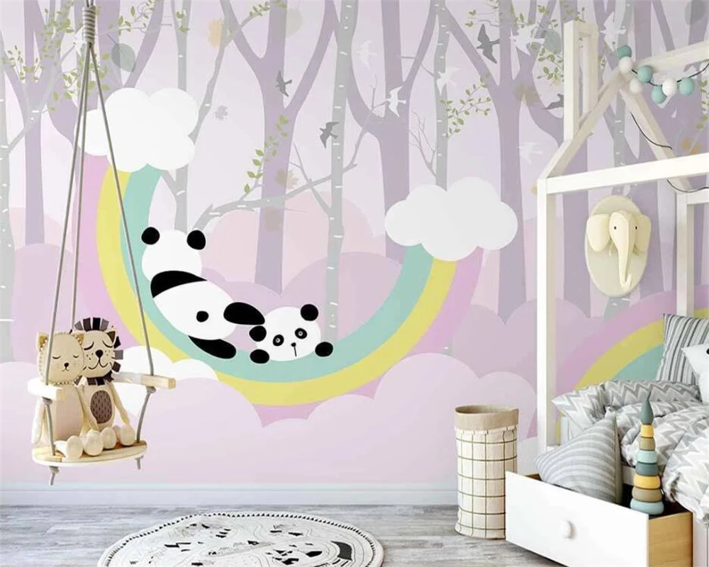 

beibehang Customize new Nordic hand-painted rainbow panda cloud forest children background papel de parede wallpaper