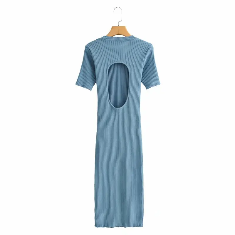 

office lady simple all match solid knit dresses backless short sleeve women dress 2021 spring elegant mid-length vestidos