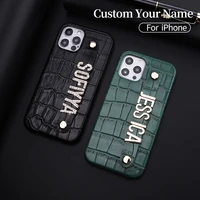 custom name luxury crocodile leather phone case for iphone 11 12 13pro max mini 7 8 plus xr xs max diamond metal letters cover
