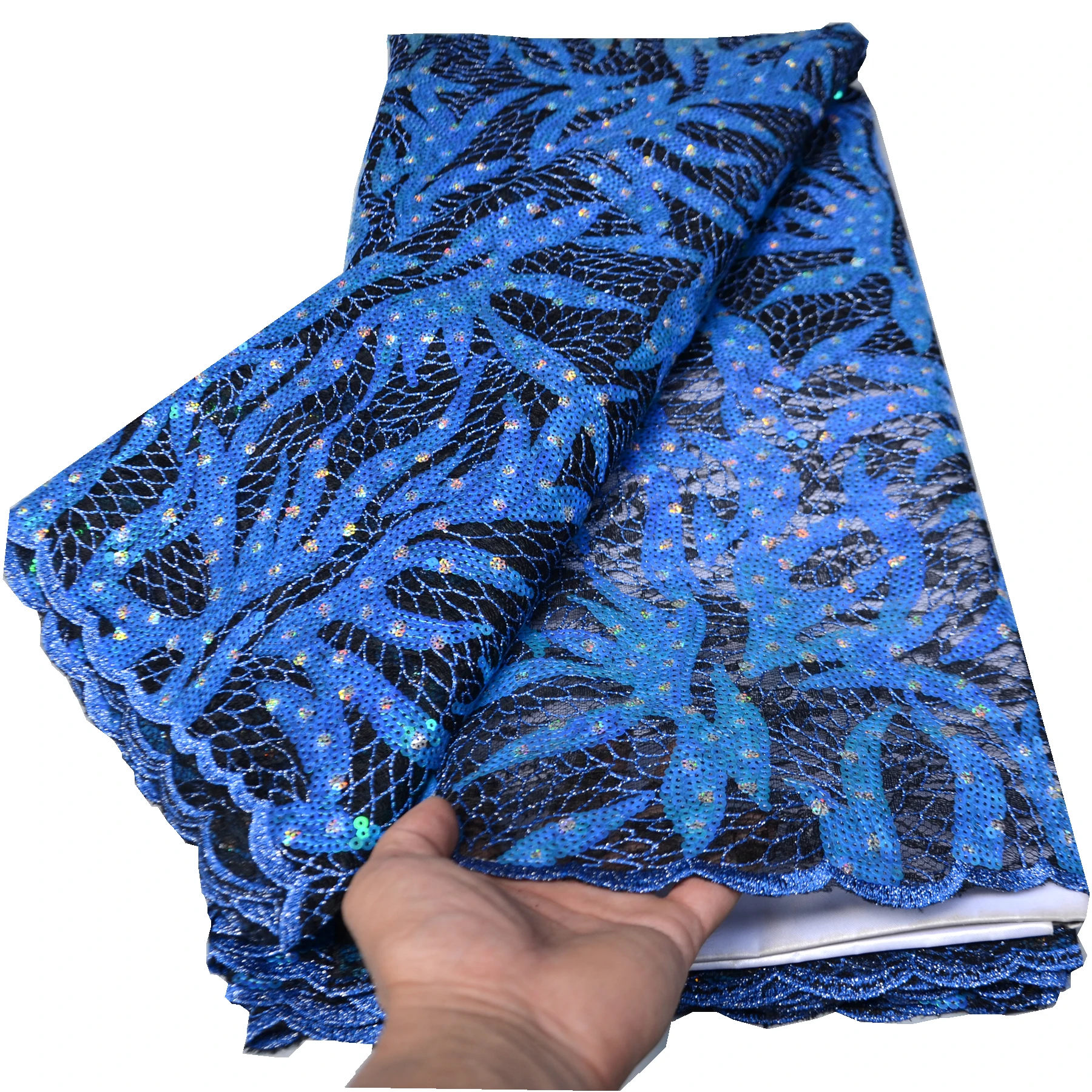 

5 yards blue high quality African sequins lace fabric 2021 sewing Nigerian occasional wear for wedding Wholesale retail 917226