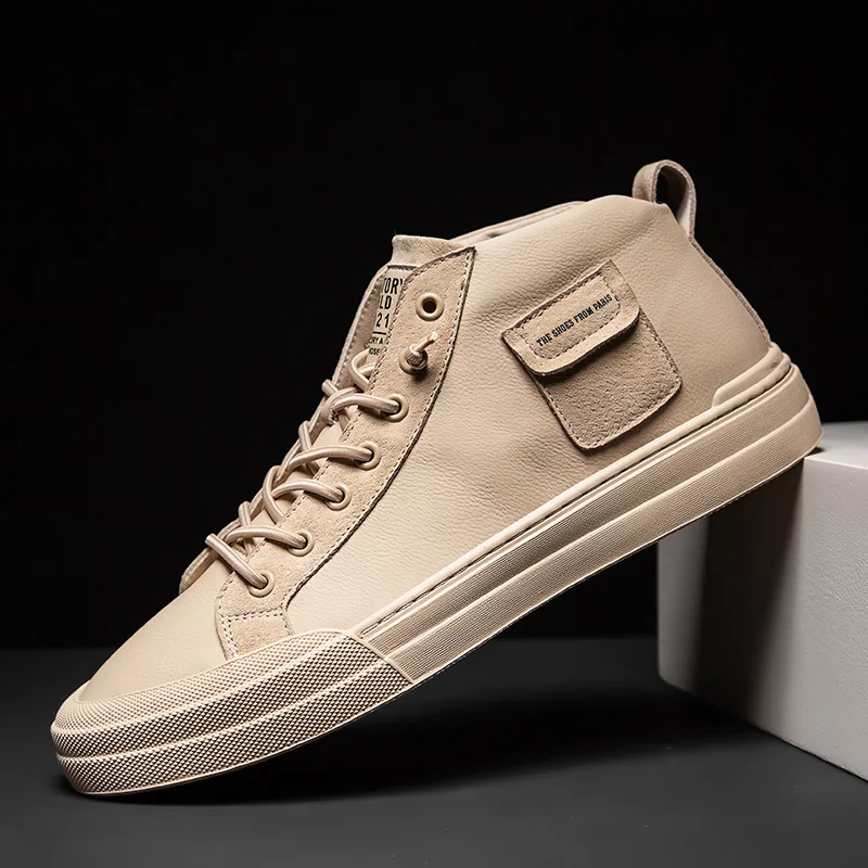 

Leather Men's MiD-Top Shoes Fashion Breathable Sneakers Outdoor Sport Students Lace-Up Shoes Casual Trend Men Skateboard Shoes