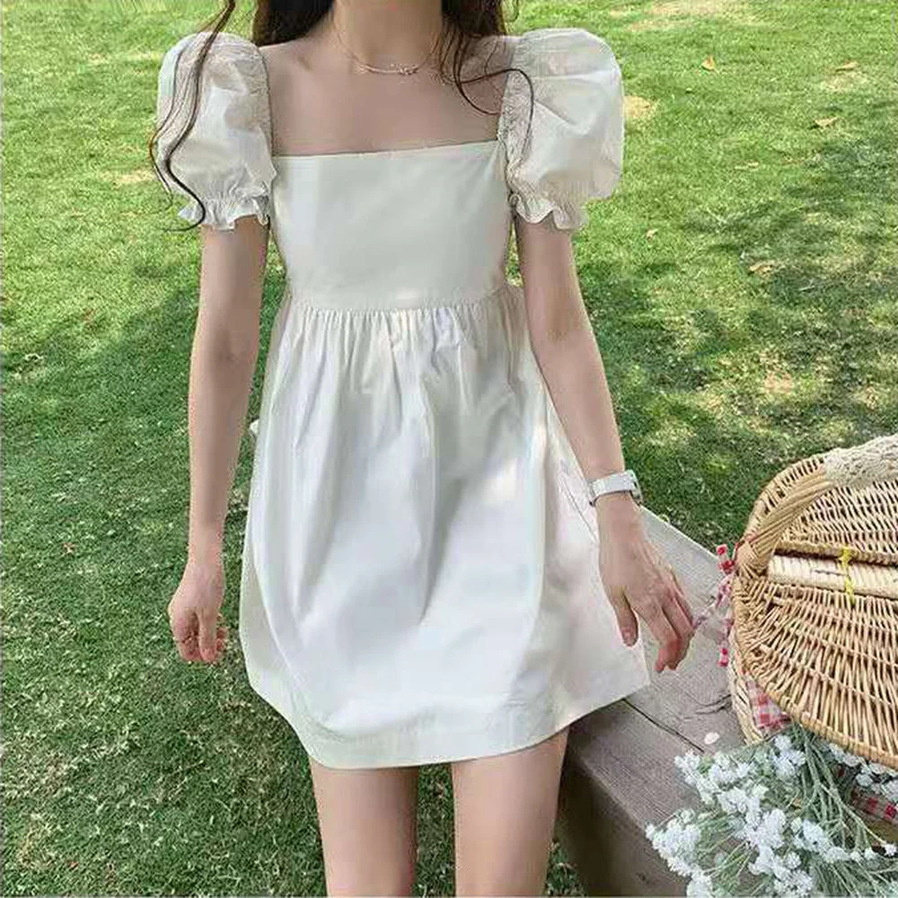 

White Sexy Squared Neck Self Tie Wrap Mini Dress Women Boho Ruffle Hem Puff Sleeve Summer Flowy Mini Dresses Vestidos
