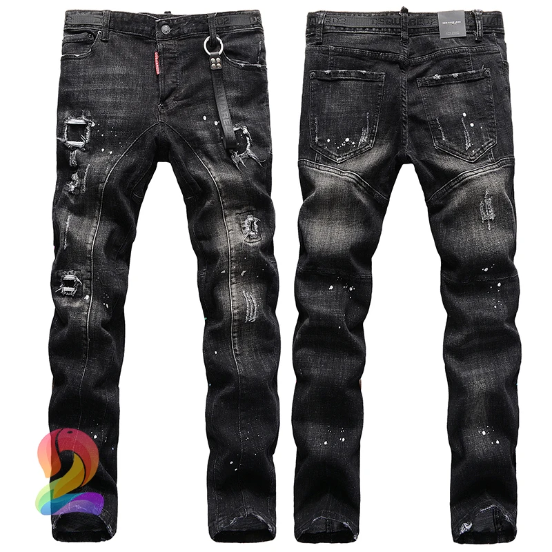 

DSQ2 Black Denim Pants High Quality Damage Hole Dsquared2 Men Jeans Pants Slim Fit