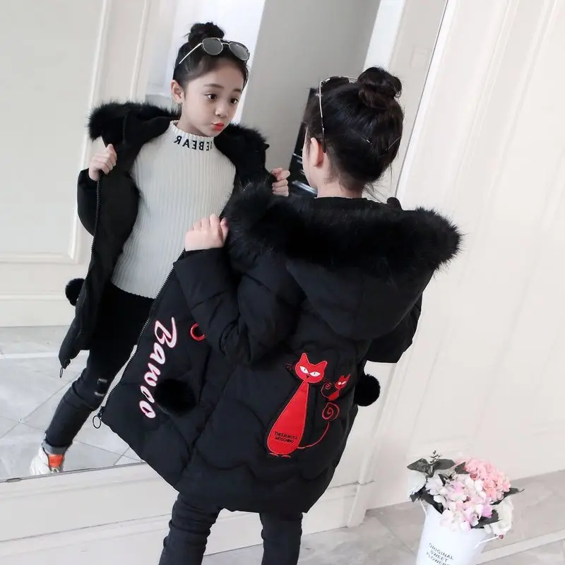 

Children's Winter Jacket Girls Down Jackets Children's Winter Clothing Warm Coat Kids Cute Cartoon Cat Embroidery Outerwear