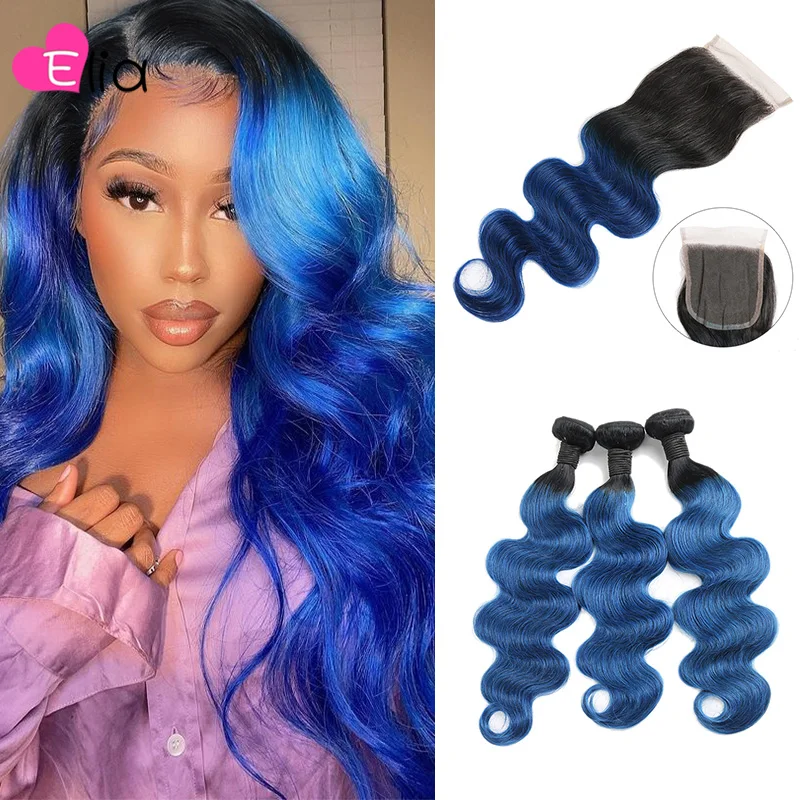 1B Light Blue Bundles With 4x4 Lace Closure Peruvian Body Wave Hair Extension 100% Human Hair Wholesale Drop Shipping 2021 Elia