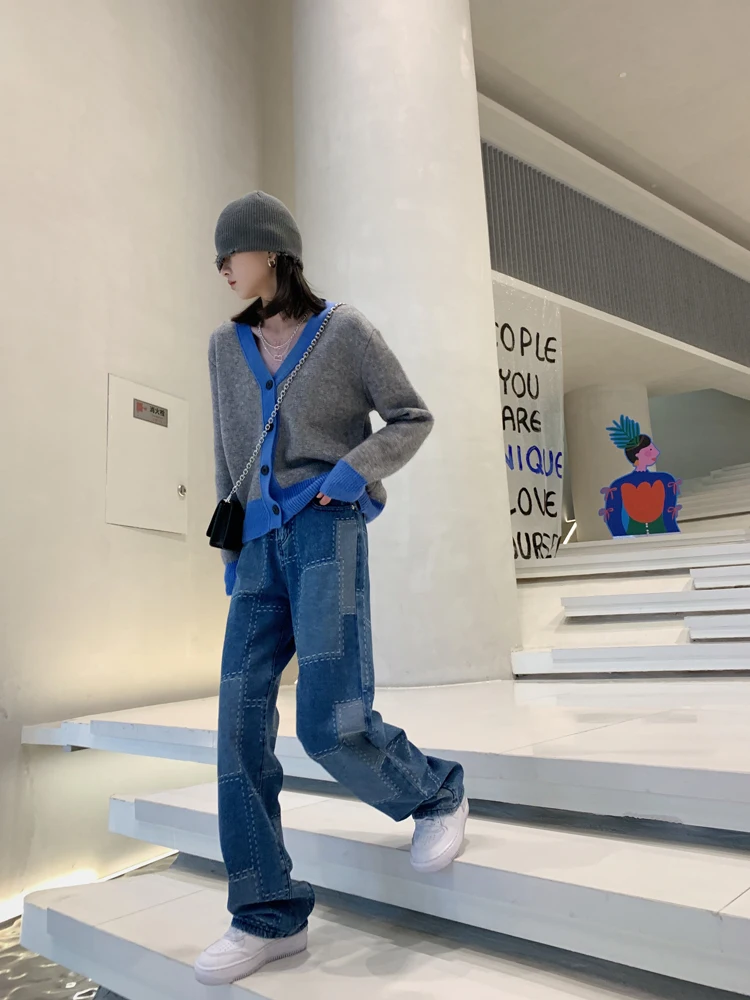 

Patchwork Baggy Straight boyfriend Jeans for Woman High Waist Denim Trousers Vintage Blue Gray Hip Hop Streetwer Pants Irregular