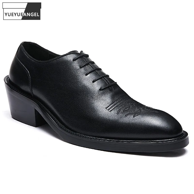 

Daily Office Men Business Dress Shoes Pointed Toe Chunky Heel Derby Shoes Real Leather Embroidery Party Wedding Shoes Plus Size