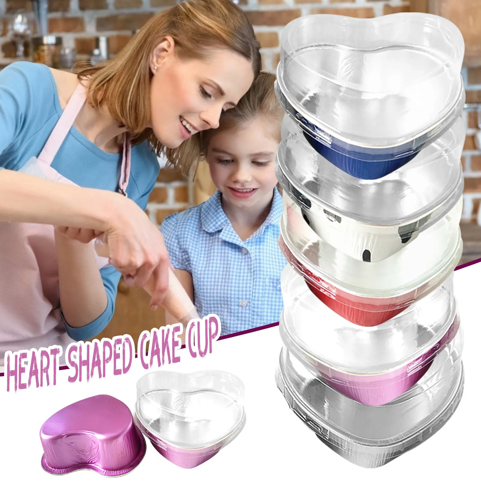 

5pcs Economic Heart Cake Foil Paper Cup with Lid Baking Mold DIY Valentine's Day Wedding Anniversary Couple Cake Pudding Eggtart