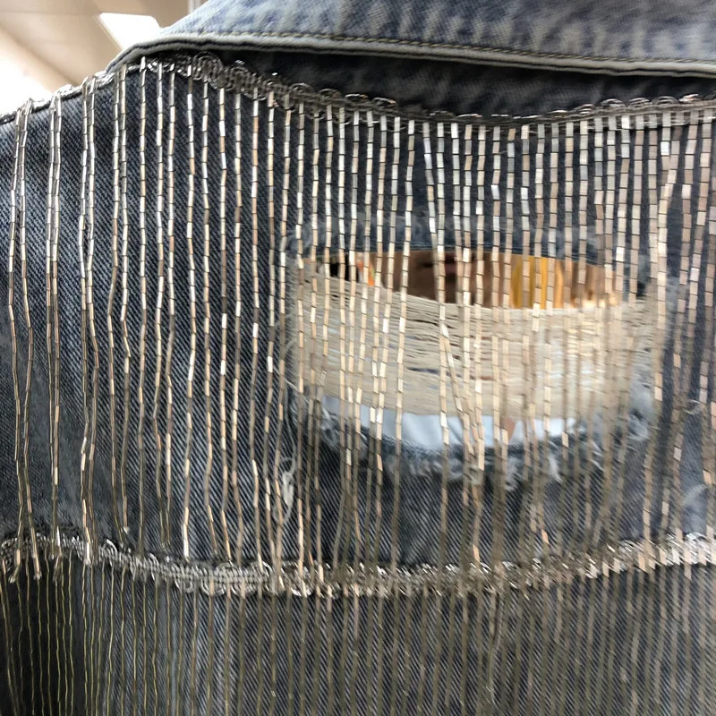 Новая женская осенняя джинсовая куртка для женщин Стразы бриллианты с длинными