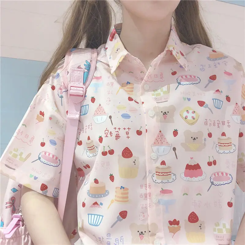 

Sweety Strawberry Cake Print Blouse Shirt Women Summer Korean Short Sleve Tops Schoolgirl Preppy Style Clothing
