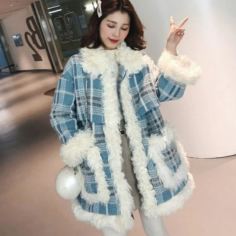 Женское зимнее теплое пальто из искусственного меха ягненка пушистая шерстяная