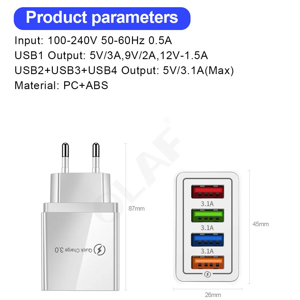 Зарядное устройство USB быстрая зарядка 3 0 4 QC3.0 для iPhone X Samsung Xiaomi Huawei настенный