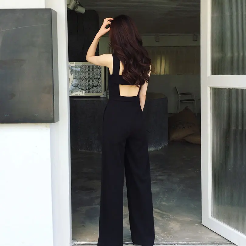 

Women 2021 Summer Sexy Hollow Out Backless Long Jumpsuit Office Ladies Playsuits Romper Casual Straight Legged Overalls Y135