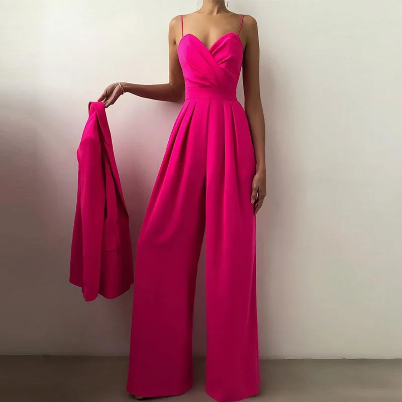 Женский шифоновый комбинезон на бретелях весенний однотонный элегантный с