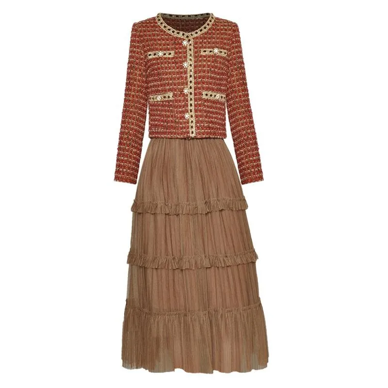 

Runway Long Skirt Suits Women 2021 Autumn Winter Woolen Tweed Long Sleeve Jacket + Ruffles Mesh Skirts 2 Piece Clothing Sets