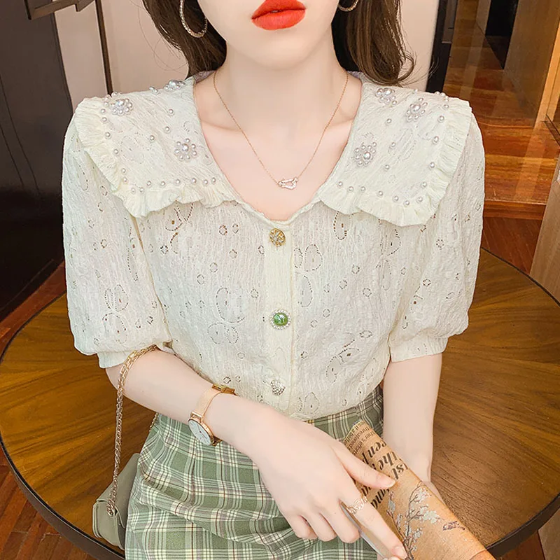 

Vetement Femme 2021 Summer Bubble Sleeve Women's Blouses Dropshipping Beading Ruffled Vintage Top Blusas Shirts for Women 0658