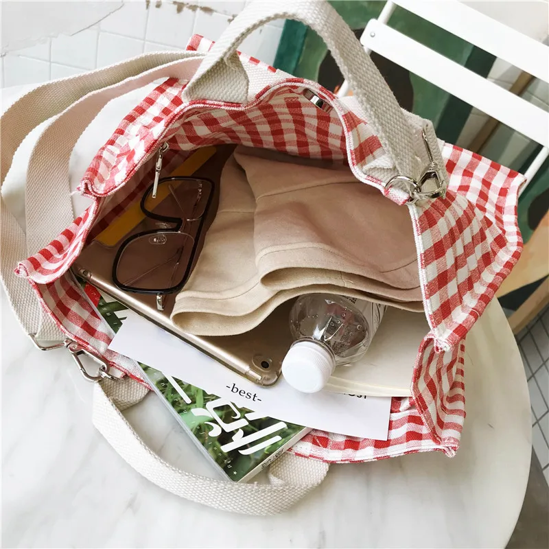 Ladies Fashion Art Casual Plaid Canvas Tote Handbag Large Capacity Shopping Travel One Shoulder Messenger Beach Bag For Women