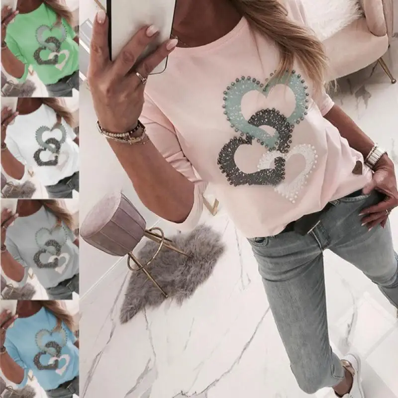 

Heart-Shaped Bubble Print Womens Tee Shirt Solid Color Round Neck Fashion Ladies t Shirt Half Sleeve Loose Female T-Shirt
