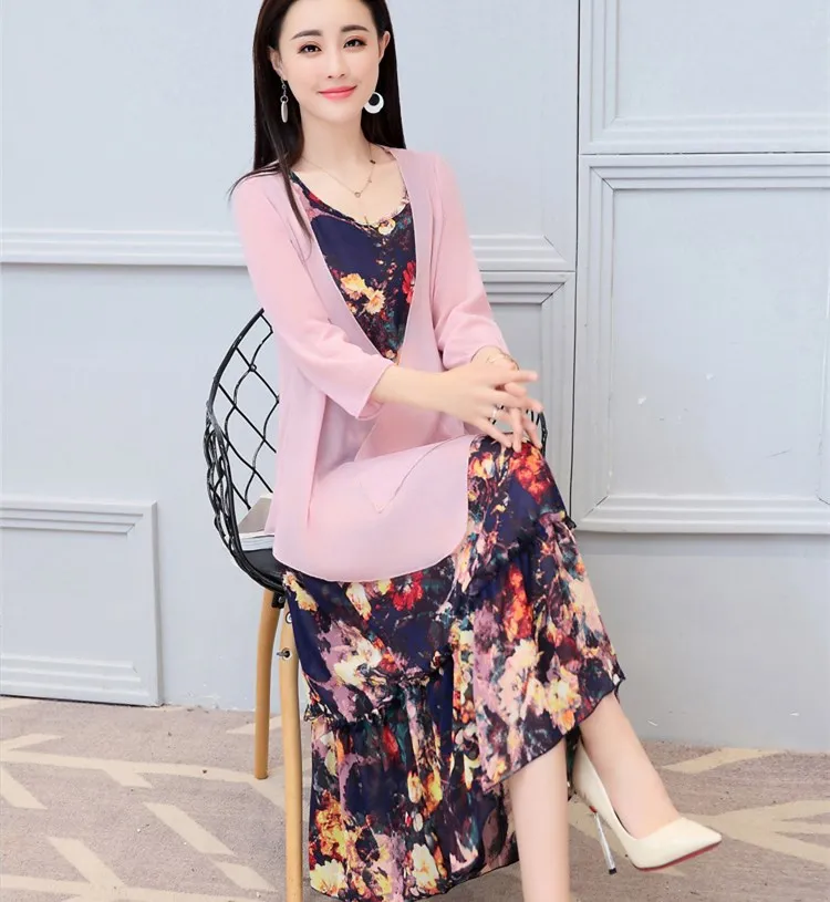 Boho Clothing Print Two Piece Dress 2020 Retro Women Summer Elegant Luxury Ethnic Office Wear Long Chiffon HJ127 | Женская одежда