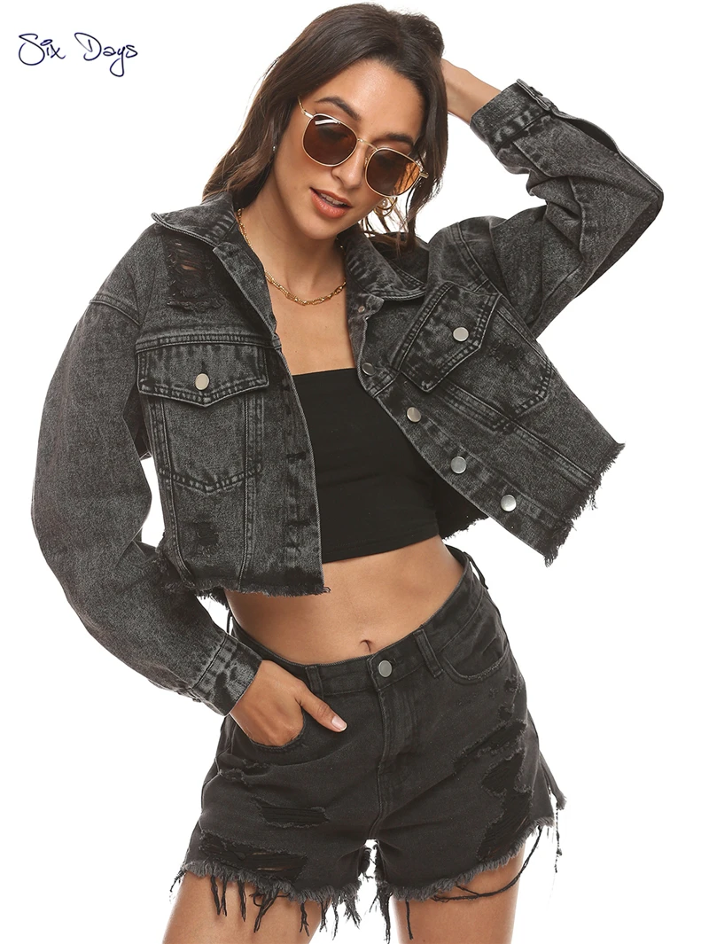 

Spring 2021 Women's Clothing Denim Jacket Long Sleeve Fashion Streetwear Casual Loose Outwear Short Ripped Jeans Jacket Coat Top