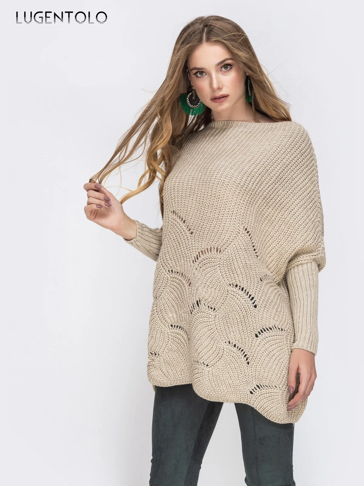 

Женский вязаный свитер с длинным рукавом Lugentolo, простой Свободный Повседневный Однотонный свитер с горизонтальным вырезом и волнистыми отв...