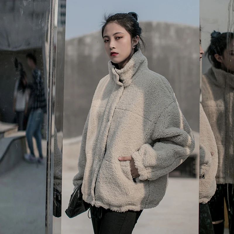 

[EAM] Loose Fit Both Side Wear Lambswool Big Size Jacket New Stand Collar Long Sleeve Women Coat Fashion Autumn Winter 2021 A824