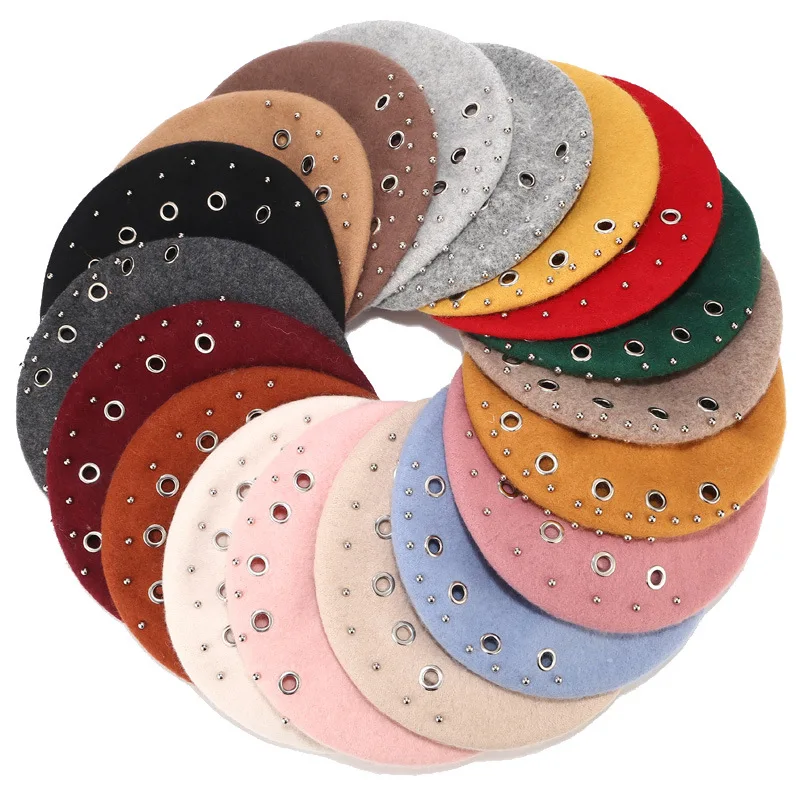 Новинка женская зимняя шапка берет Женская Шерстяная кепка с заклепками 16 цветов