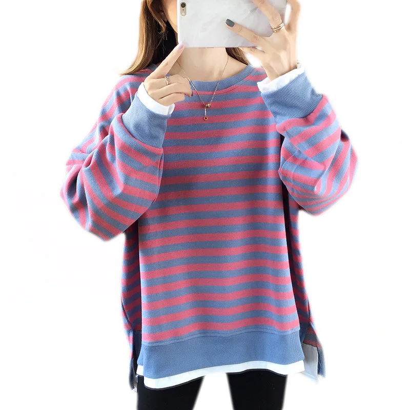 

Loose striped fake two-piece top 2020 new round neck thin women