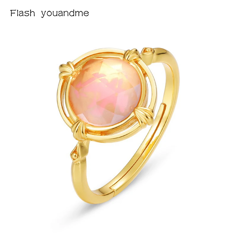 

Flash youandem Solid 925 Sterling Sliver Women's Ring Natural Pink Crystal Real Gold Plated Adjustable Anniversary Fine Jewelry
