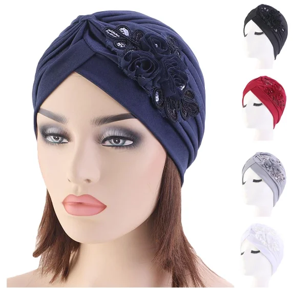 

Women India Hat Women Muslim Islamic Elastic Turban Head Scarf Flower Beanie Hat Headwear Fashion Ruffle Turban Chemo Cap Pleate