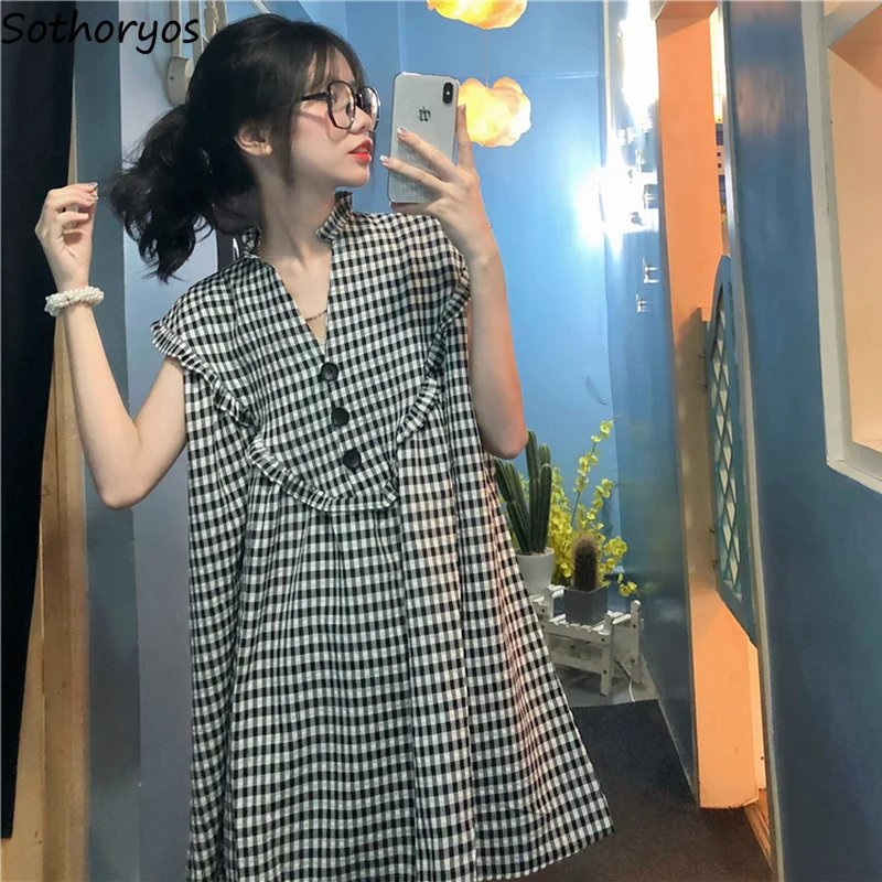 

Dress Women Plaid Sweet Loose Flying Sleeve V-neck Lovely Korean Preppy Style Elegant Chic Retro Simple Chic Students Ulzzang