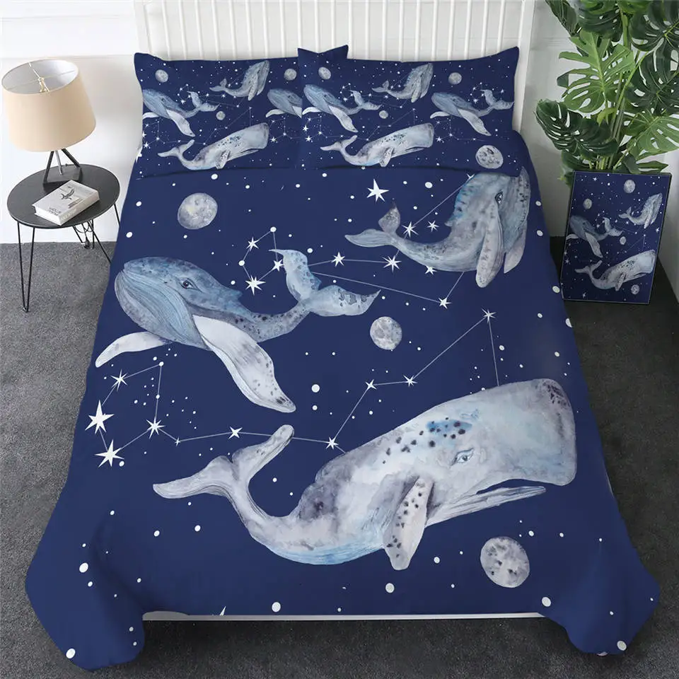 BeddingOutlet Whale Bedding Set Sea Animals Comforter Cover Universe Watercolor Home Textiles Constellation Stars Bed Set 3pcs