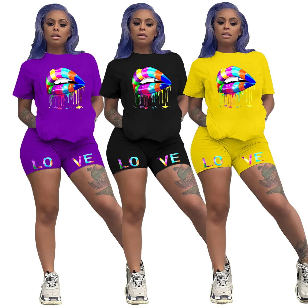 

Women's Cropped Top High-Waist Pants, Short Sleeve Round Neck Elastic Lip Printed Summer Suit 2020 Fashion