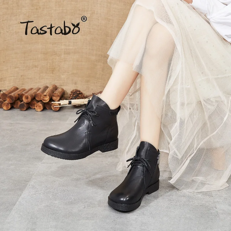 

Tastabo Genuine Leather Women's nude boots Vintage style Women's boots Khaki-green Black SH308 Beef tendon bottom Women's shoes