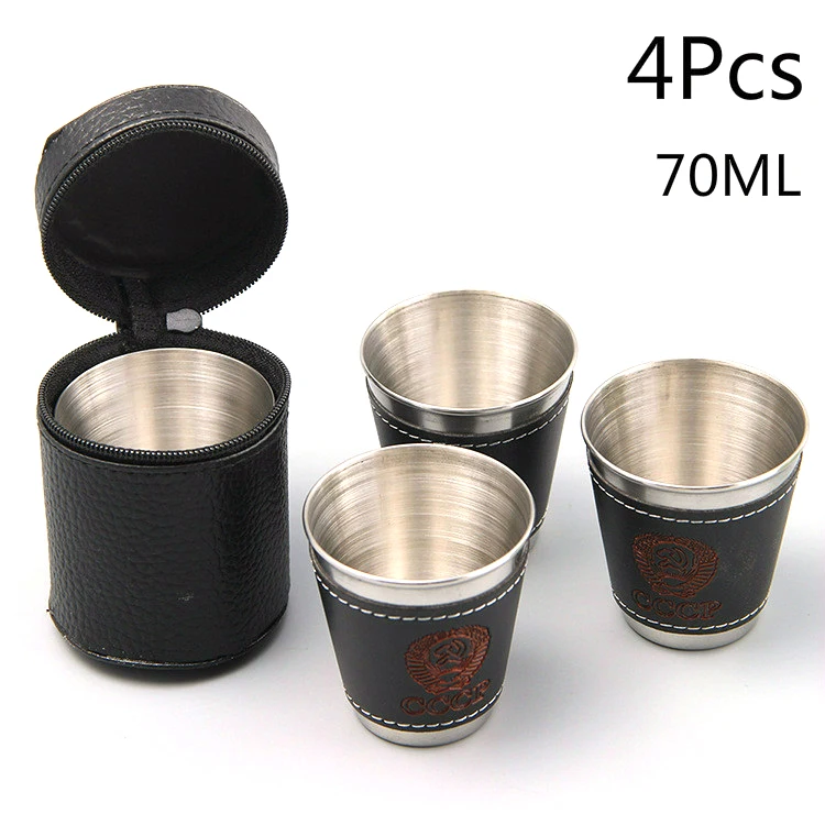 

4pcs/lot 70ml Outdoor Camping Tableware Travel Cups Set Picnic Supplies Stainless Steel Wine Beer Cup Whiskey Mugs PU Leather