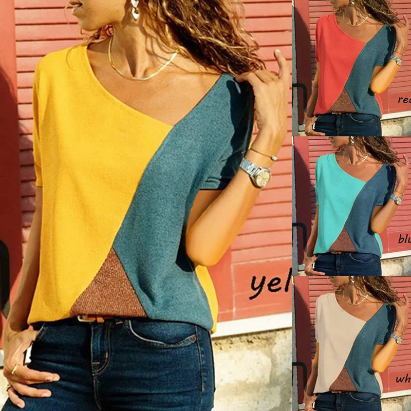 

Дропшиппинг женские Лоскутные цветные блоки с коротким рукавом Свободные футболки топы для лета dg88