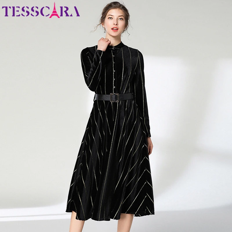 TESSCARA, Женское зимнее элегантное бархатное платье, рубашка Festa, Женский винтажный дизайн, Vestidos, высокое качество, офисное ретро платье