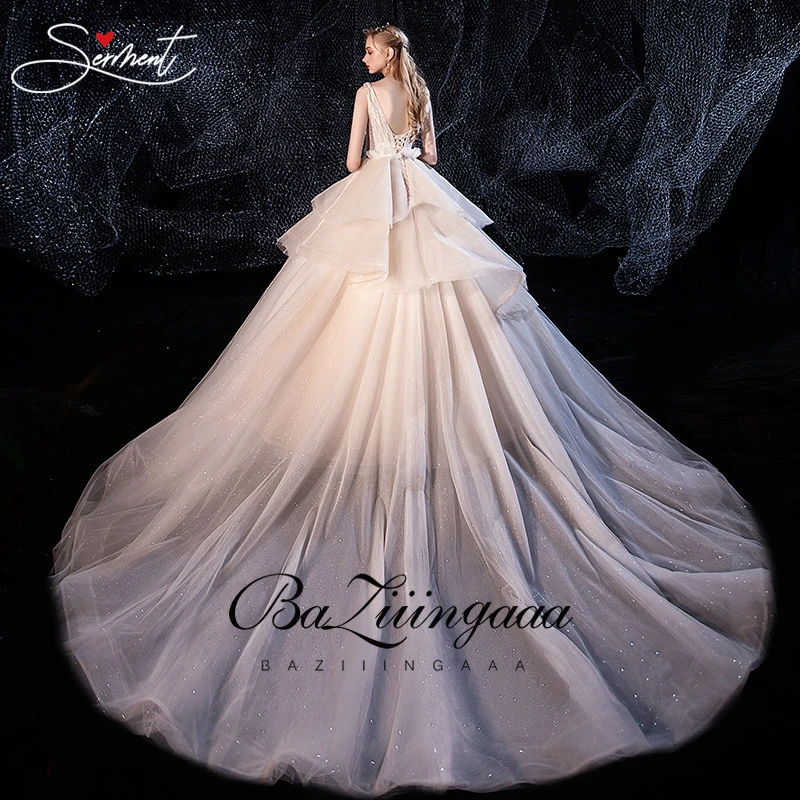 BAZIIINGAAA Luxury Royal Wedding Dress Boho Starry Sky Ruffle V-neck Lace Up Cathedral Crystal Appliques Free Custom | Свадьбы и