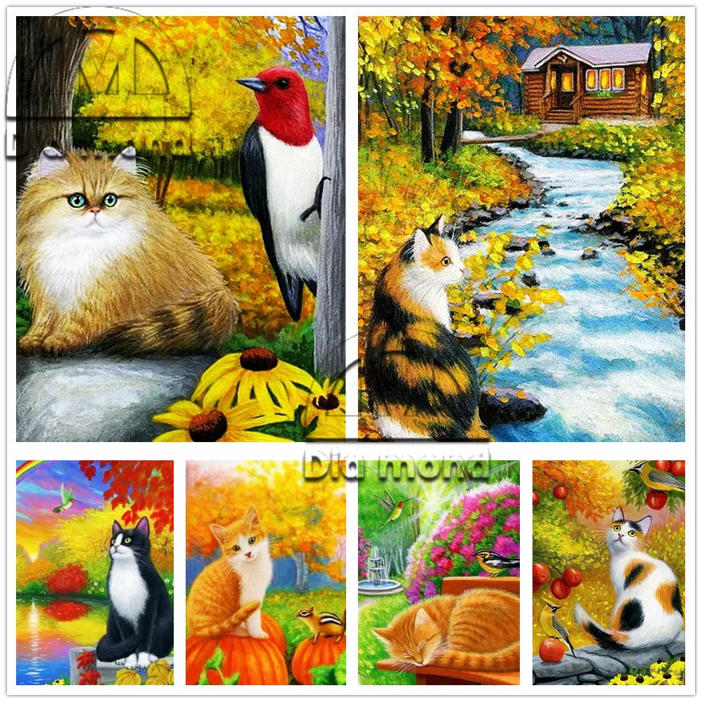 

5D Diy Diamond Painting Cartoon Cat Animal Full Drill Diamond Embroidery Cross Stitch Autumn Scenery Mosaic Art Wall Decorations
