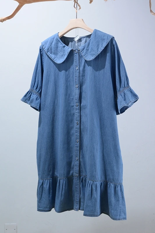 

2021 summer new peter pan collar denim dress short sleeve single breasted casual dress