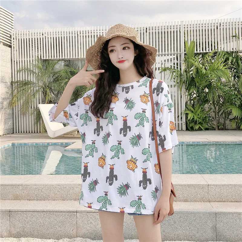 Летняя Хлопковая женская футболка с принтом кактуса козы коротким рукавом