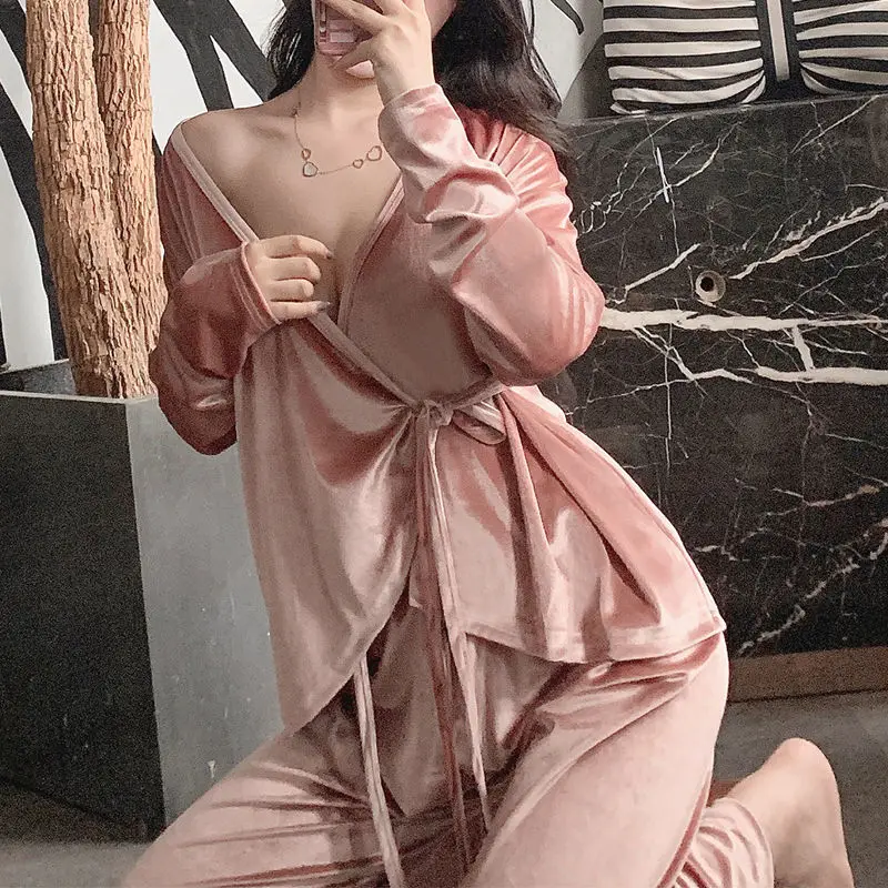 

2 Piece Spring Autumn Women Kimono Sleepwear Pajamas Set Long Sleeve Velvet Sleepwear Pajamas Suit Female Homewear Y49