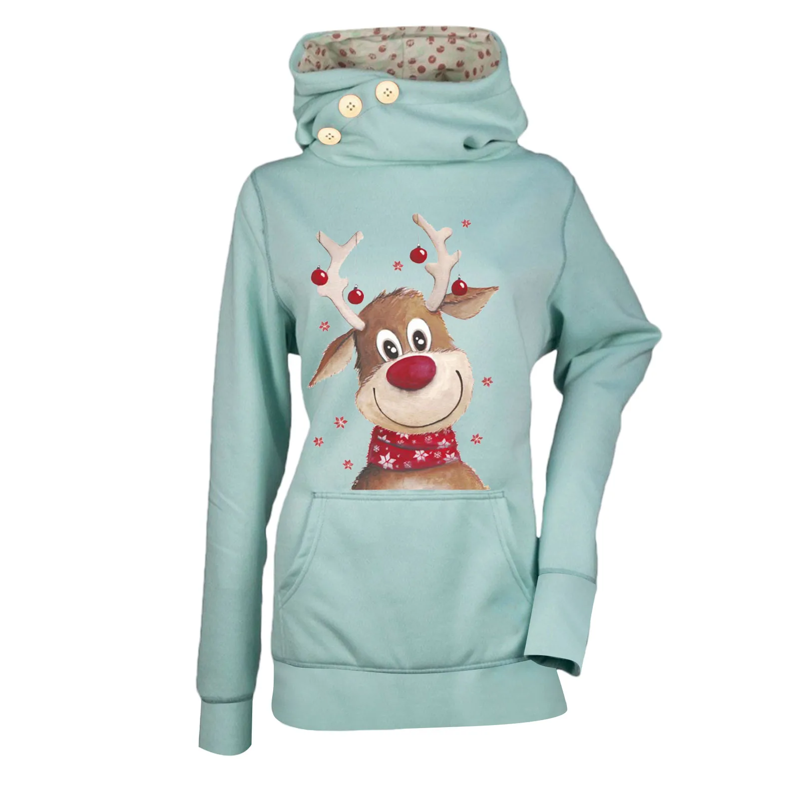 

Sweatshirt Women's Hooded Long Pullover High Christmas Collar Sleeve Print Sweaters Blouse Women's Blouse