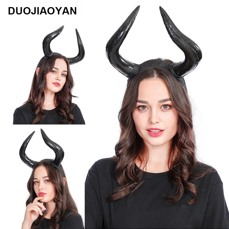

DUOJIAOYAN 2020 Halloween Horn Headband Gothic Devil Headwear Costume Unisex Hairband Photo Props Cosplay Party Black Headdress