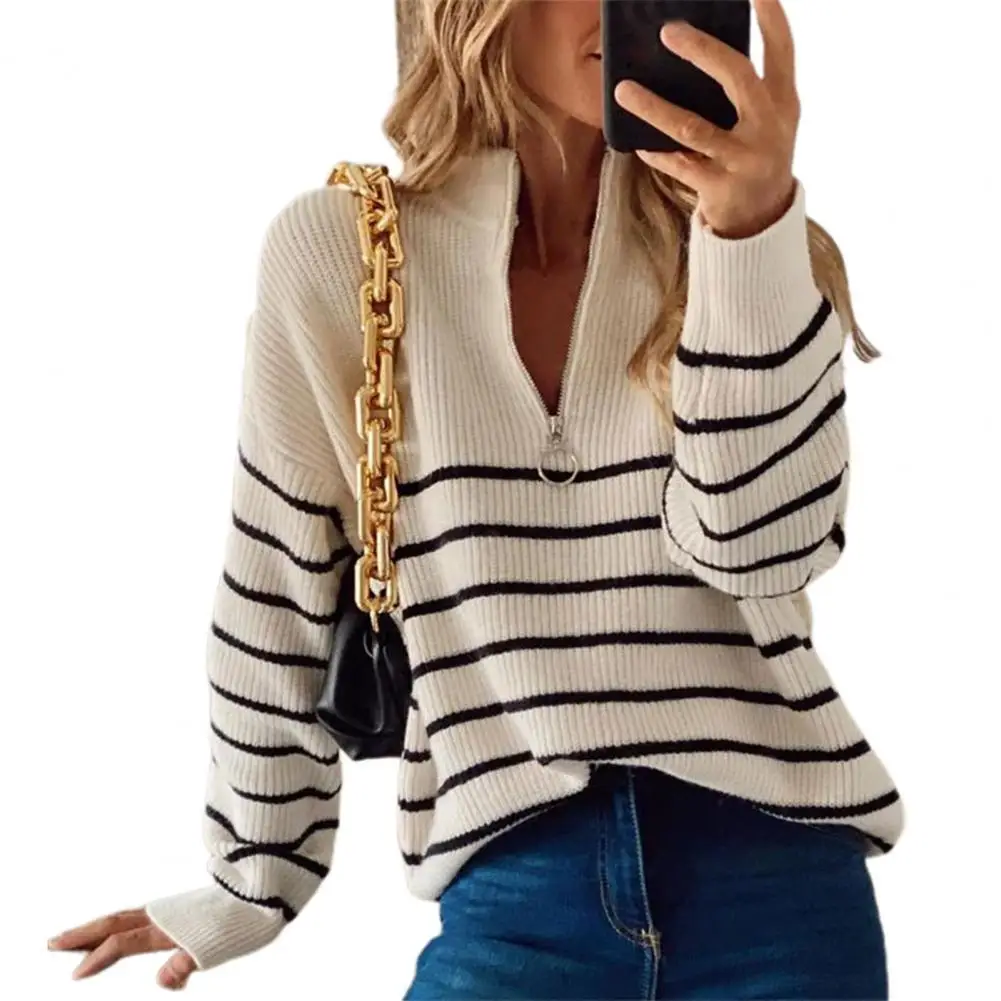 

2021 Autumn Winter Sweater Women Contrast Color Knitted Pullover Temperament Horizontal Stripes Jumpers Top Kintwear