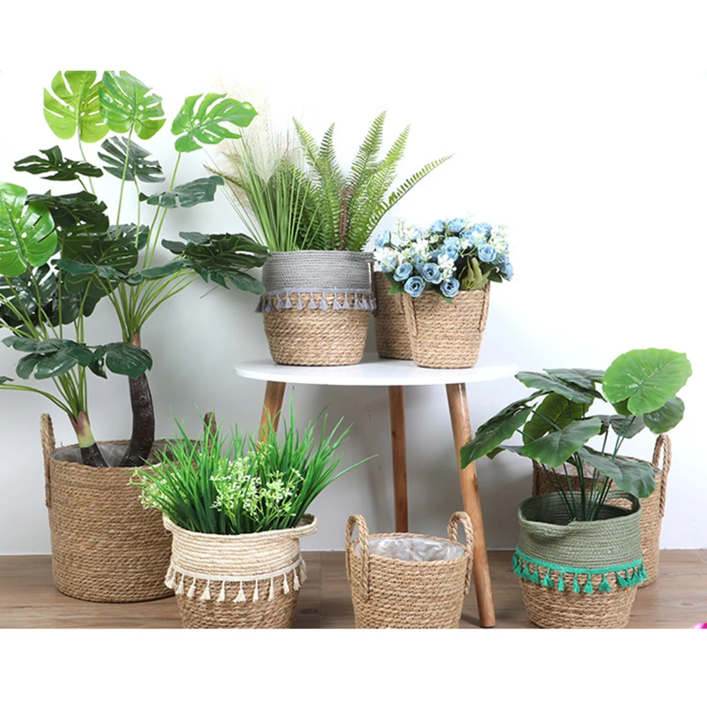 Hand-woven Basket Storage Bucket Plant Container Waterproof Straw With Tassels Suitable For Indoor Home 16*16*13cm Flower Pot | Дом и сад