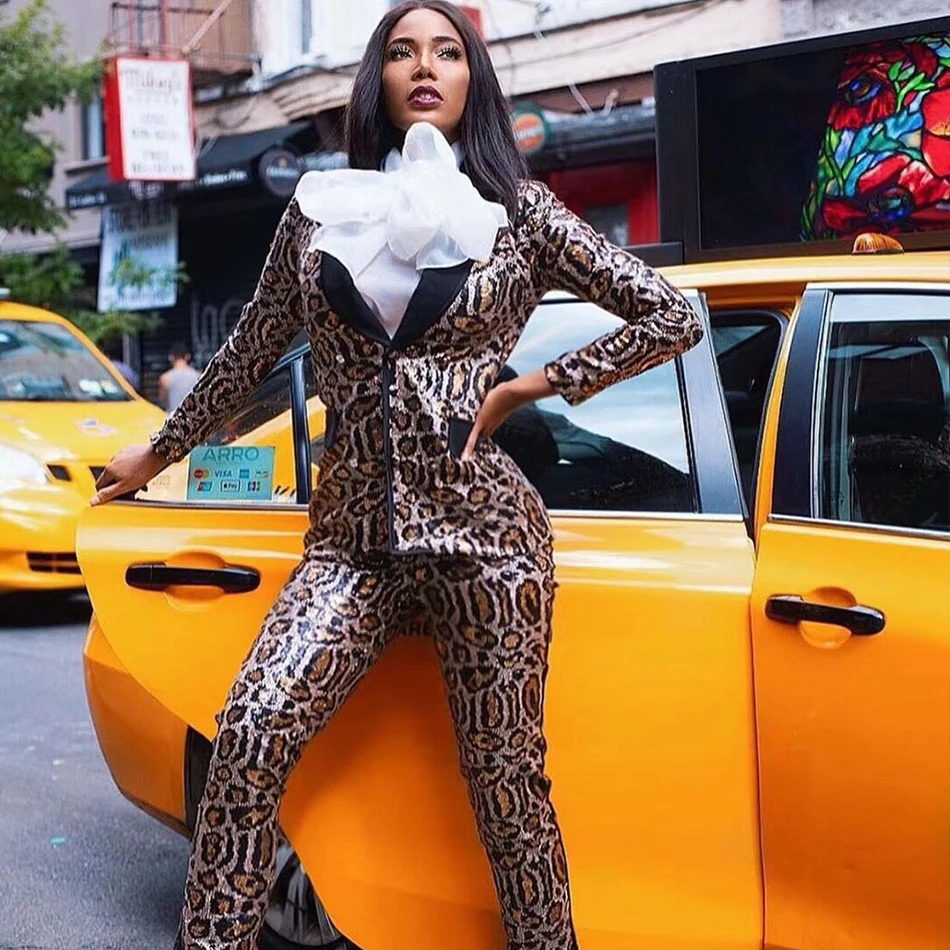 ADYCE 2021 New Autumn Leopard Long Sleeve Sequined Celebrity Evening Party 2 Two Piece Set Sexy V Neck Coat &amp Pant Club | Женская